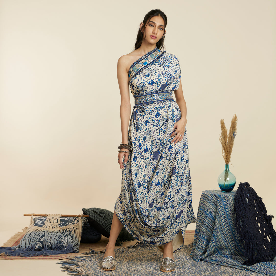 BLUE SAFAR JAAL PRINT ONE SHOULDER COWL DRESS