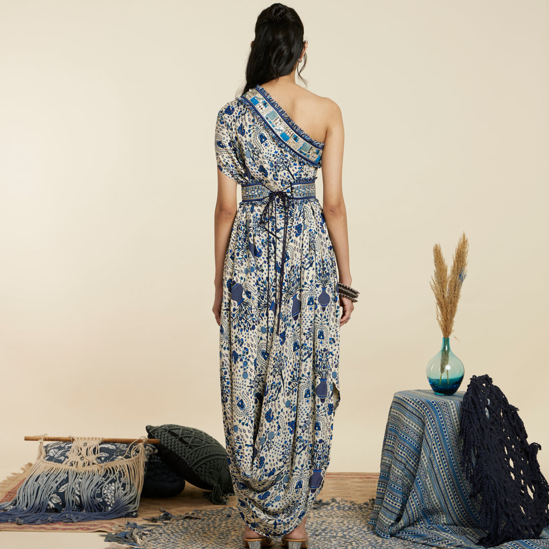 BLUE SAFAR JAAL PRINT ONE SHOULDER COWL DRESS