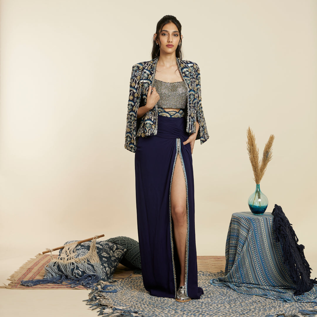 BLUE ART DECO EMBELLISHED NOOR JACKET SET