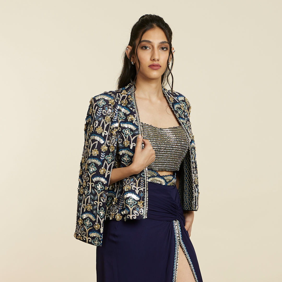 BLUE ART DECO EMBELLISHED NOOR JACKET SET