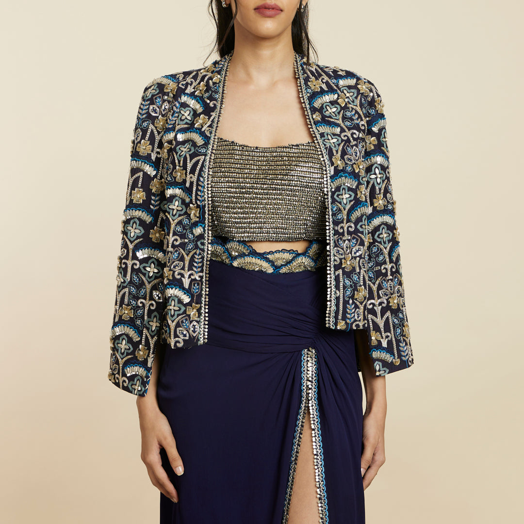 BLUE ART DECO EMBELLISHED NOOR JACKET SET