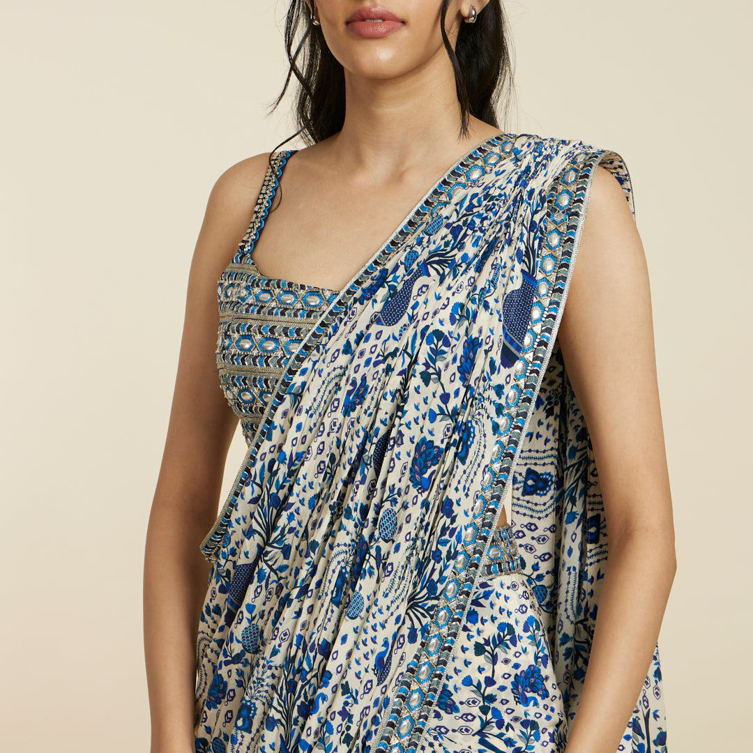 SAFAR BLUE JAAL PRINT CASCADE SAREE