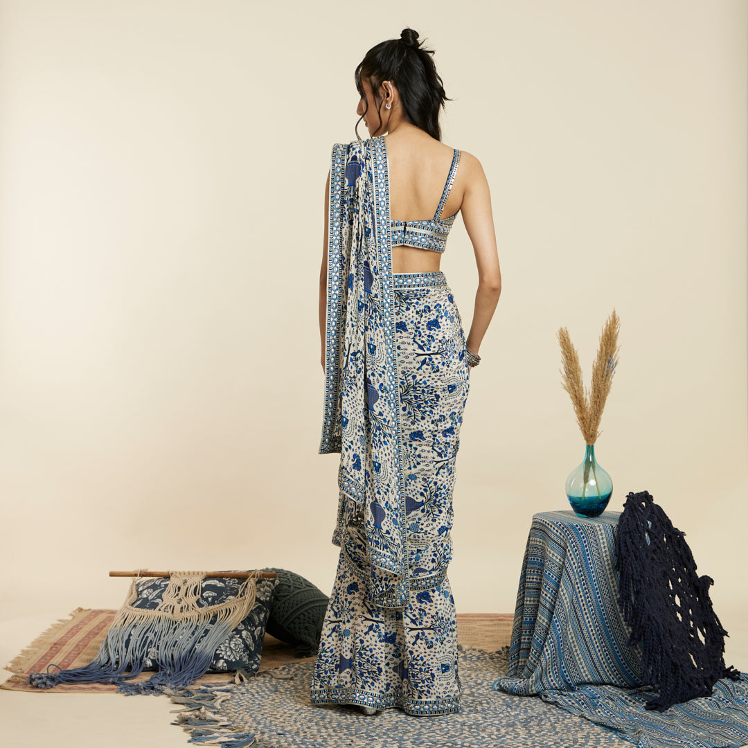 SAFAR BLUE JAAL PRINT CASCADE SAREE