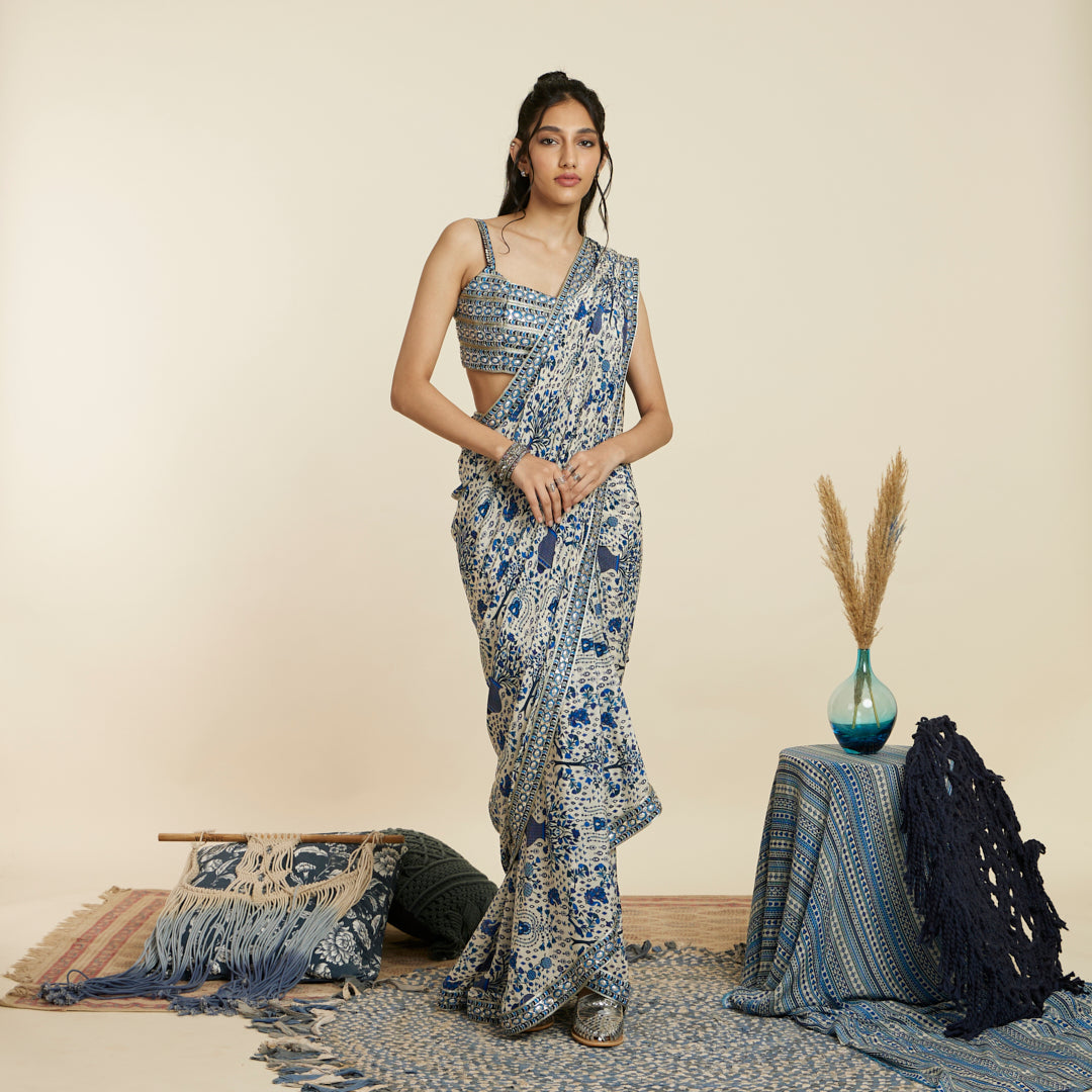 SAFAR BLUE JAAL PRINT CASCADE SAREE