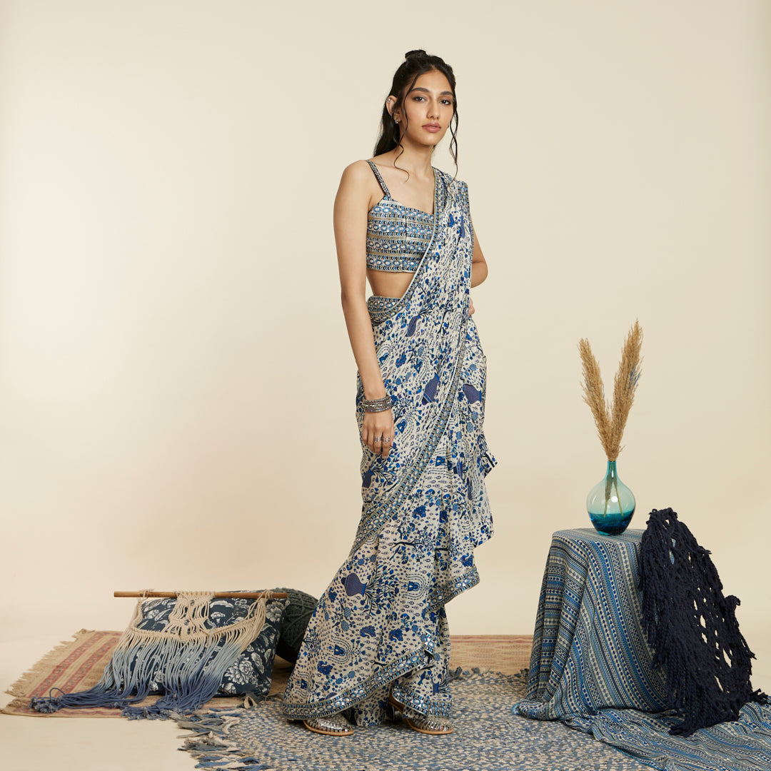 SAFAR BLUE JAAL PRINT CASCADE SAREE