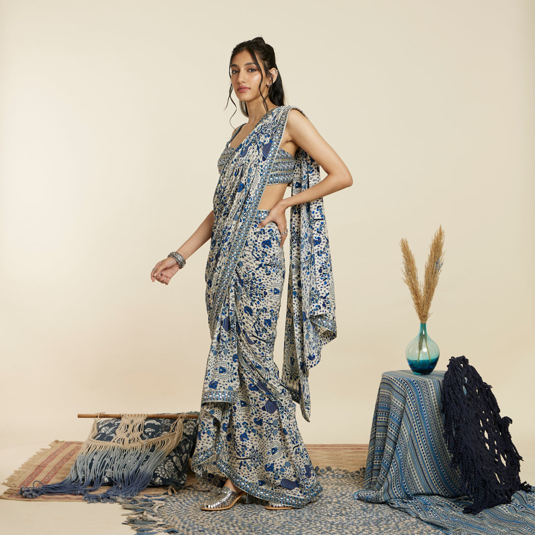 SAFAR BLUE JAAL PRINT CASCADE SAREE