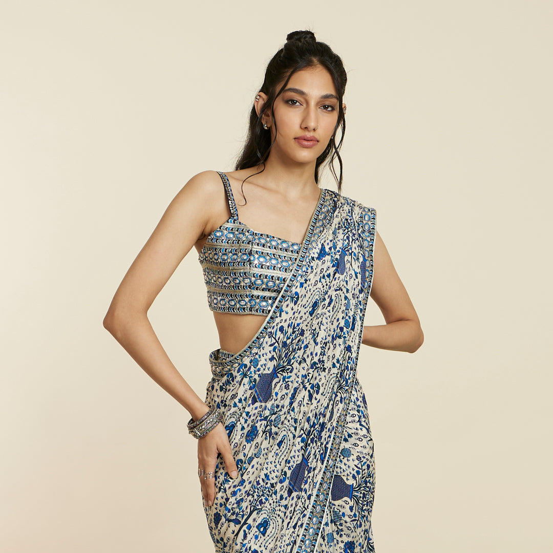 SAFAR BLUE JAAL PRINT CASCADE SAREE