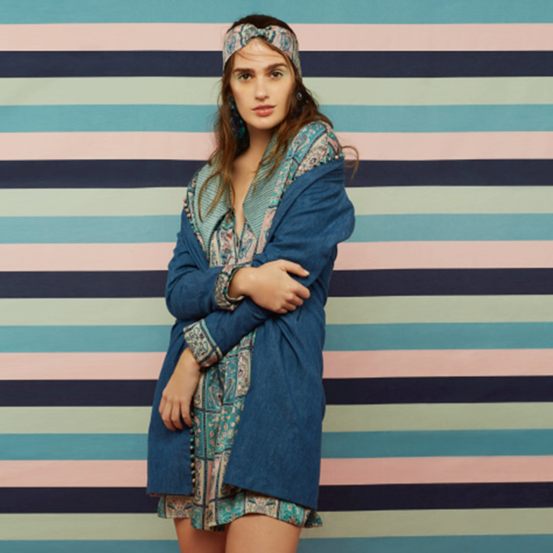 JACKET- GALEECHA PATCHWORK PRINT AND DENIM
REVERSIBLE JACKET.
DRESS- DENIM SKATER DRESS