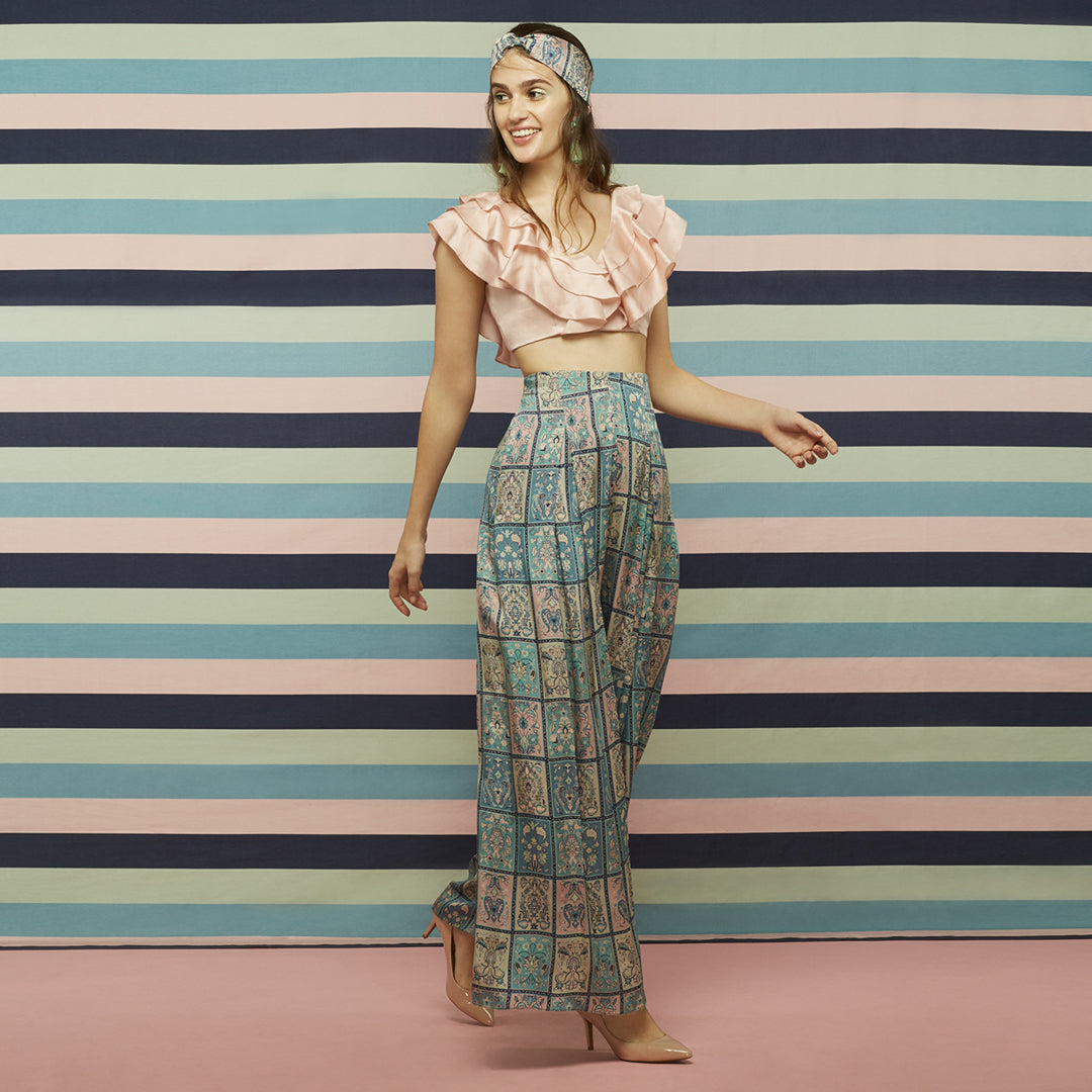 Top - Salmon pink ruffled top. Pants- Galeecha patch work print box-pleated palazzo pants