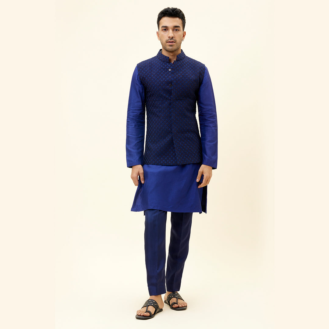 BLUE SELF THREAD EMBROIDERED BUNDI