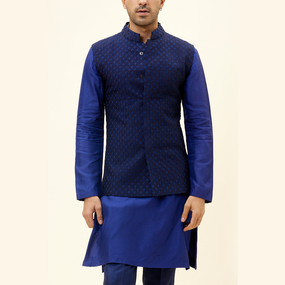 BLUE SELF THREAD EMBROIDERED BUNDI