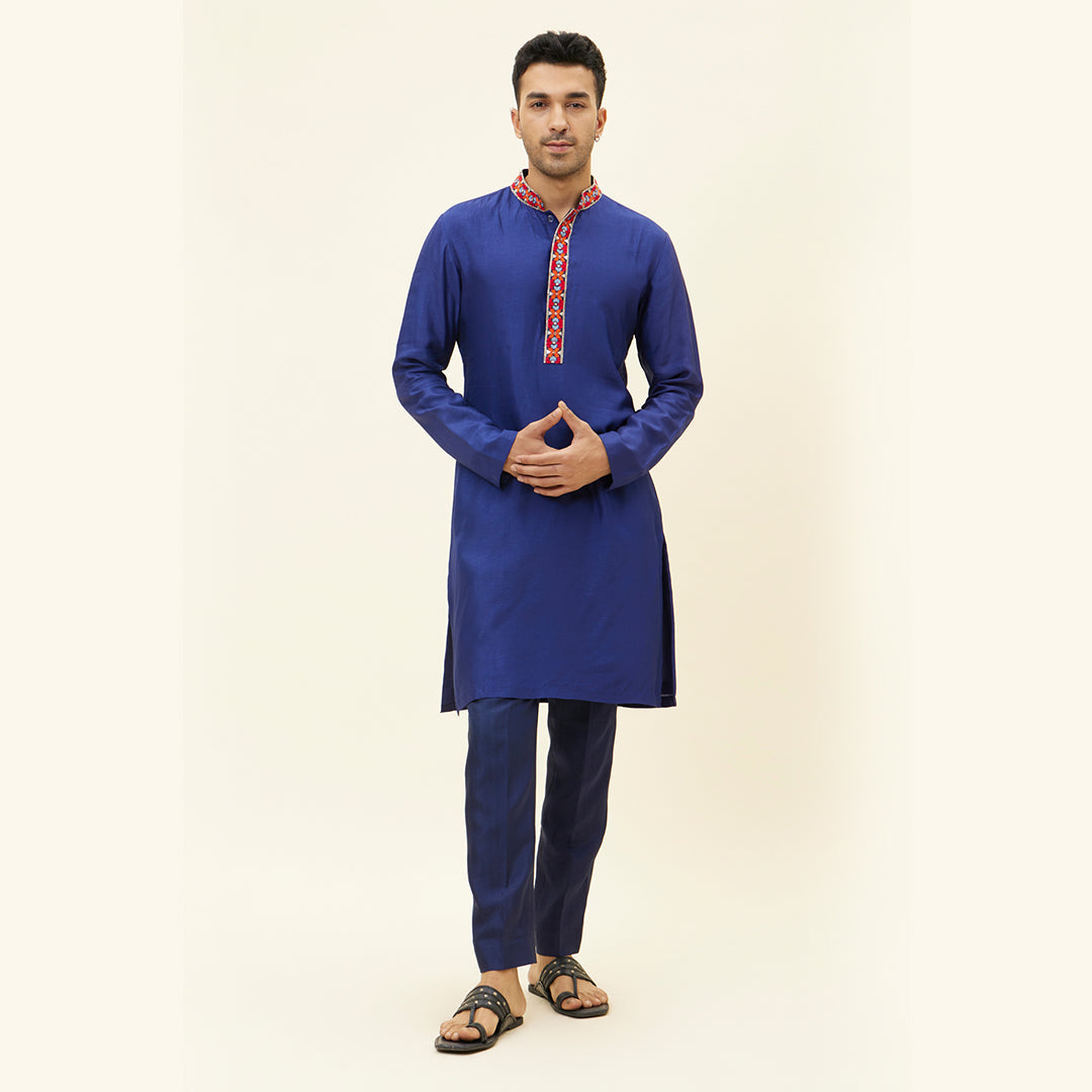 BLUE SOLID COLOUR KURTA WITH EMB ON COLLAR AND KURTA PATTI BLUE SOLID COLOUR PANTS