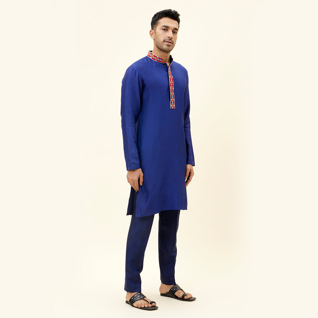 BLUE SOLID COLOUR KURTA WITH EMB ON COLLAR AND KURTA PATTI BLUE SOLID COLOUR PANTS