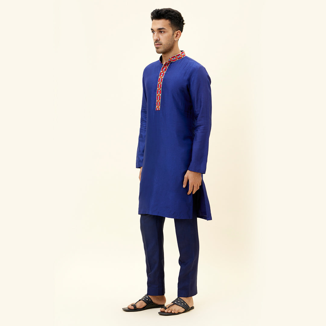 BLUE SOLID COLOUR KURTA WITH EMB ON COLLAR AND KURTA PATTI BLUE SOLID COLOUR PANTS