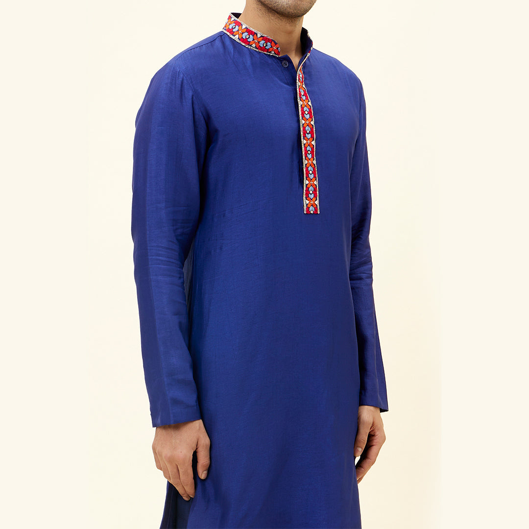 BLUE SOLID COLOUR KURTA WITH EMB ON COLLAR AND KURTA PATTI BLUE SOLID COLOUR PANTS