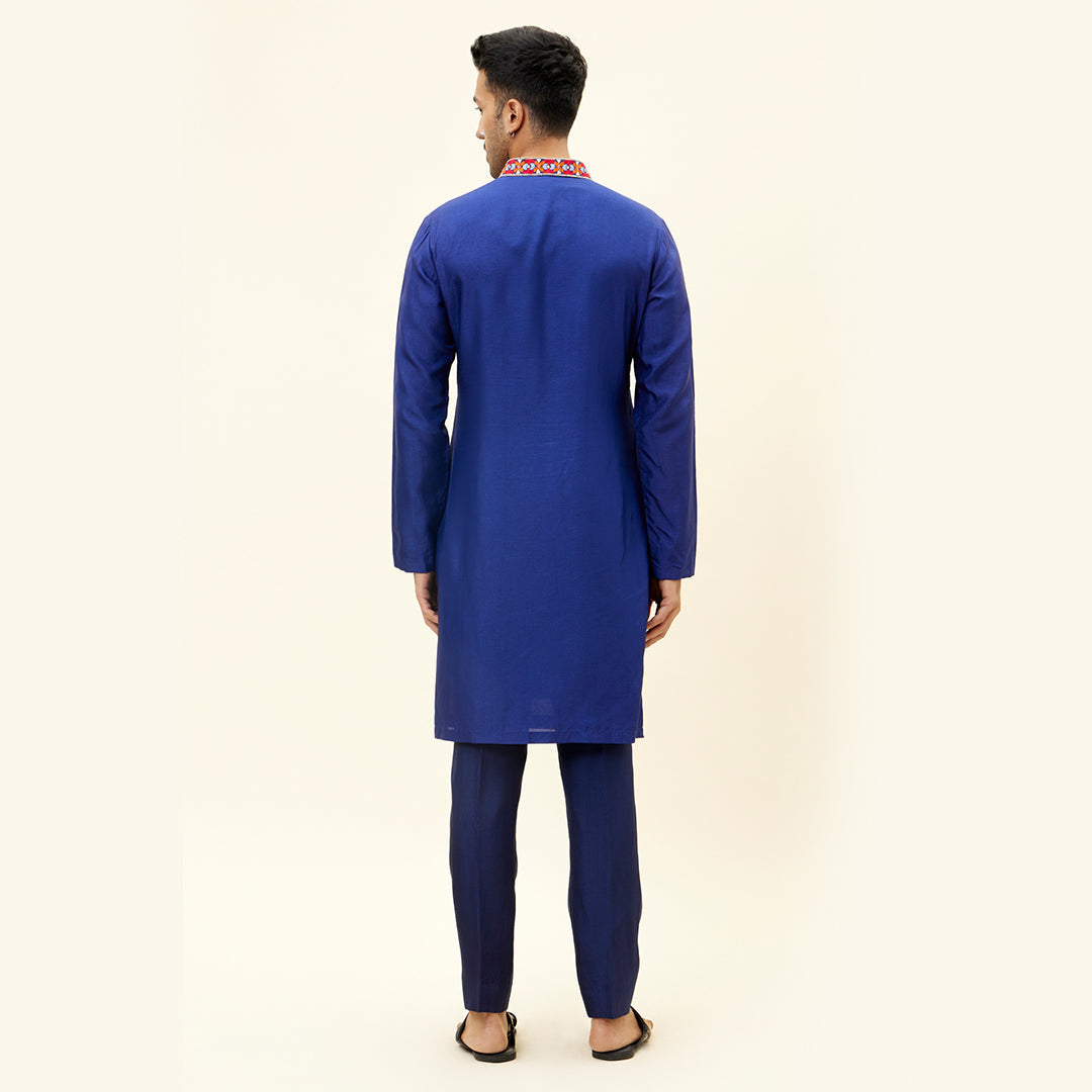 BLUE SOLID COLOUR KURTA WITH EMB ON COLLAR AND KURTA PATTI BLUE SOLID COLOUR PANTS