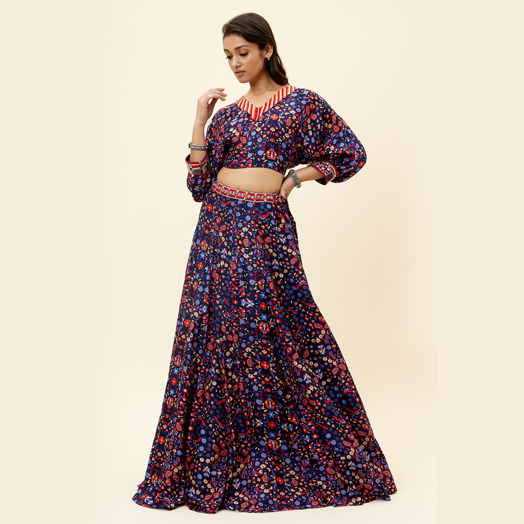 BLUE Rasa JAAL Print Lehenga With Dolman Sleeves Crop Top