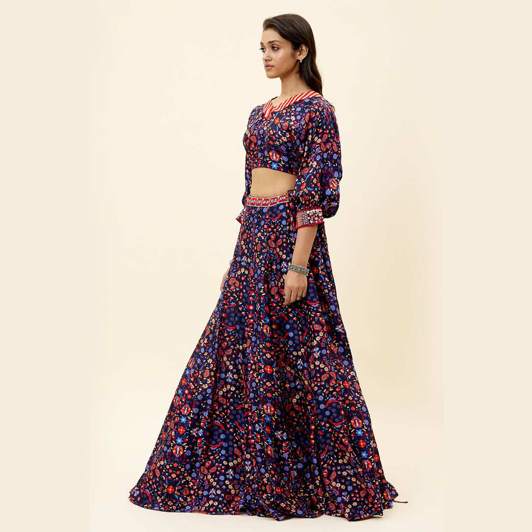 BLUE Rasa JAAL Print Lehenga With Dolman Sleeves Crop Top