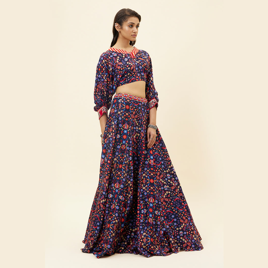 BLUE Rasa JAAL Print Lehenga With Dolman Sleeves Crop Top