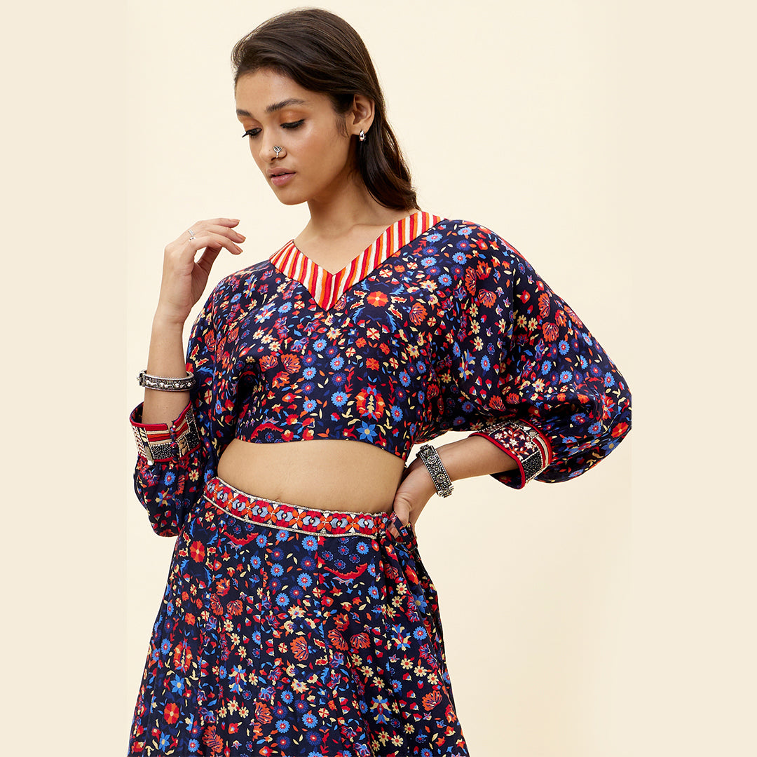 BLUE Rasa JAAL Print Lehenga With Dolman Sleeves Crop Top