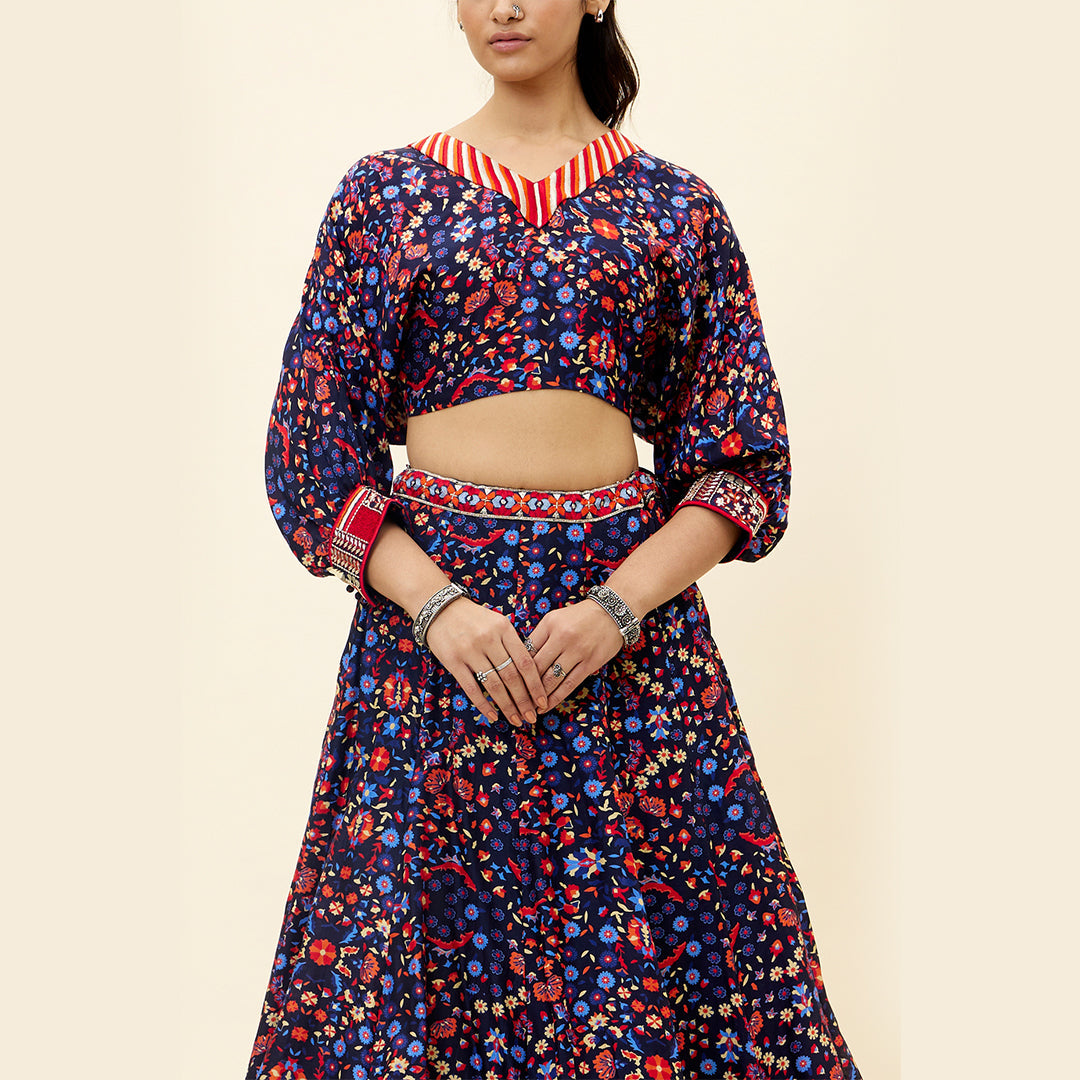 BLUE Rasa JAAL Print Lehenga With Dolman Sleeves Crop Top