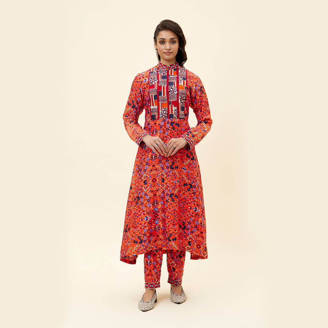 ORANGE JAAL PRINT KURTA TUNIC WITH EMB YOKE AND PANTS