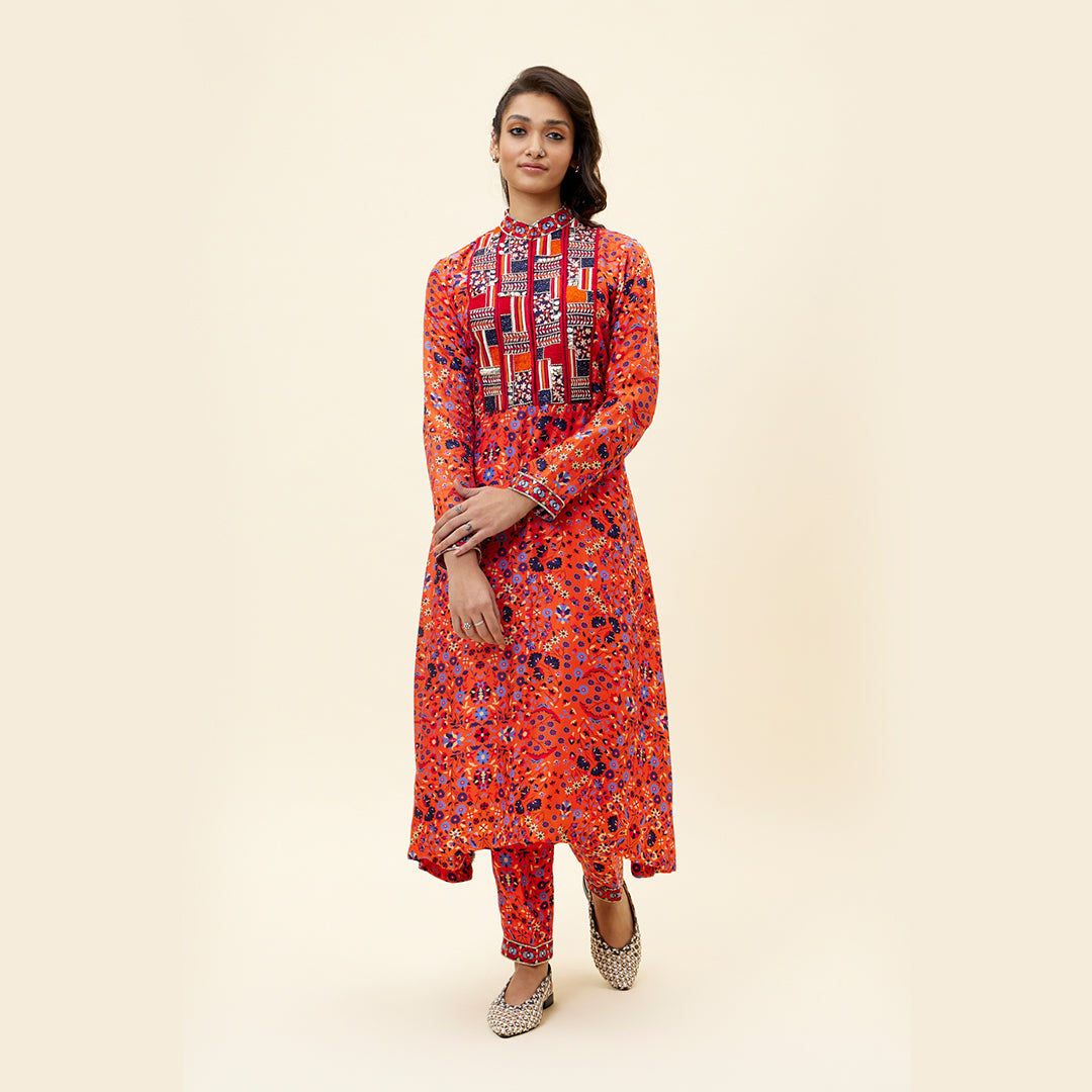 ORANGE JAAL PRINT KURTA TUNIC WITH EMB YOKE AND PANTS