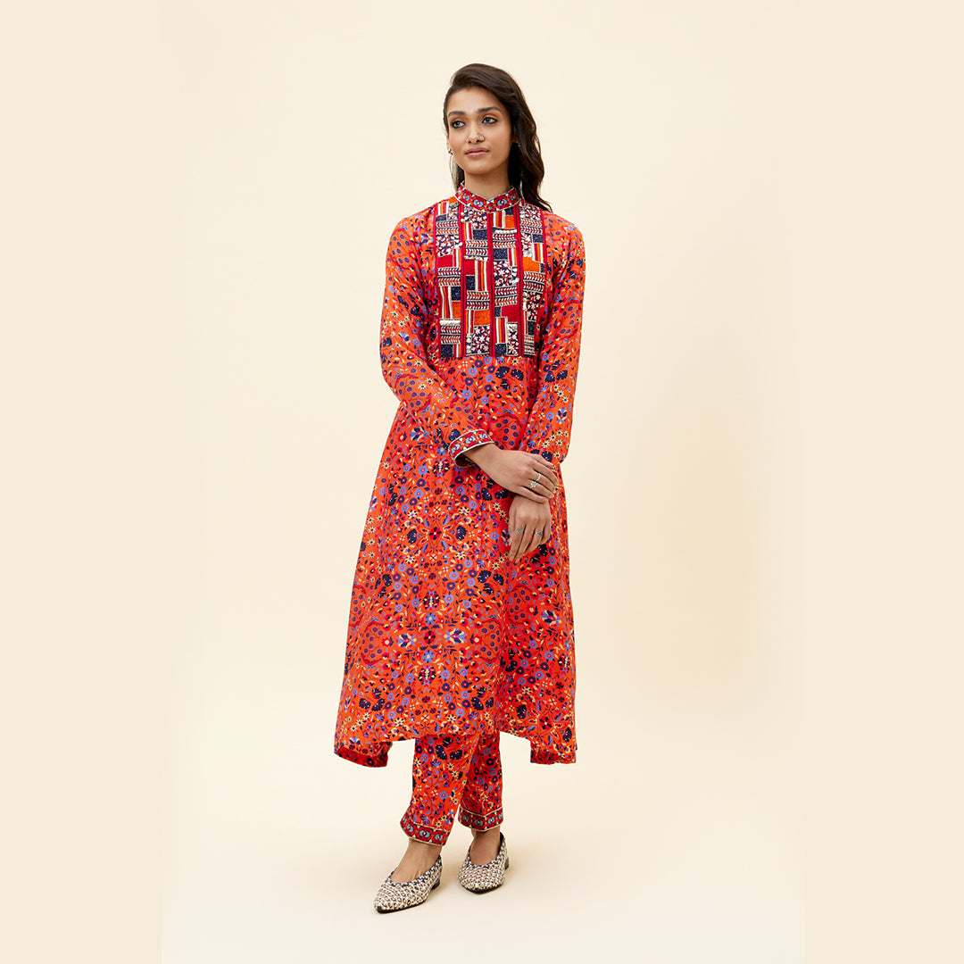 ORANGE JAAL PRINT KURTA TUNIC WITH EMB YOKE AND PANTS