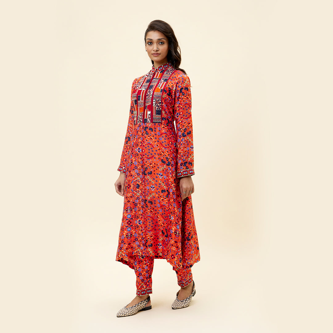 ORANGE JAAL PRINT KURTA TUNIC WITH EMB YOKE AND PANTS