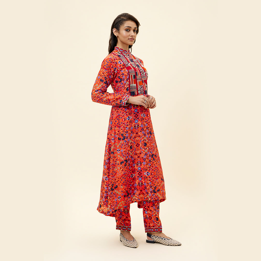 ORANGE JAAL PRINT KURTA TUNIC WITH EMB YOKE AND PANTS