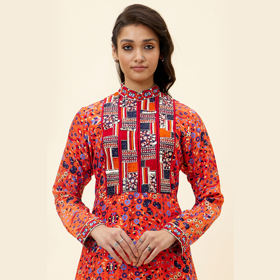 ORANGE JAAL PRINT KURTA TUNIC WITH EMB YOKE AND PANTS