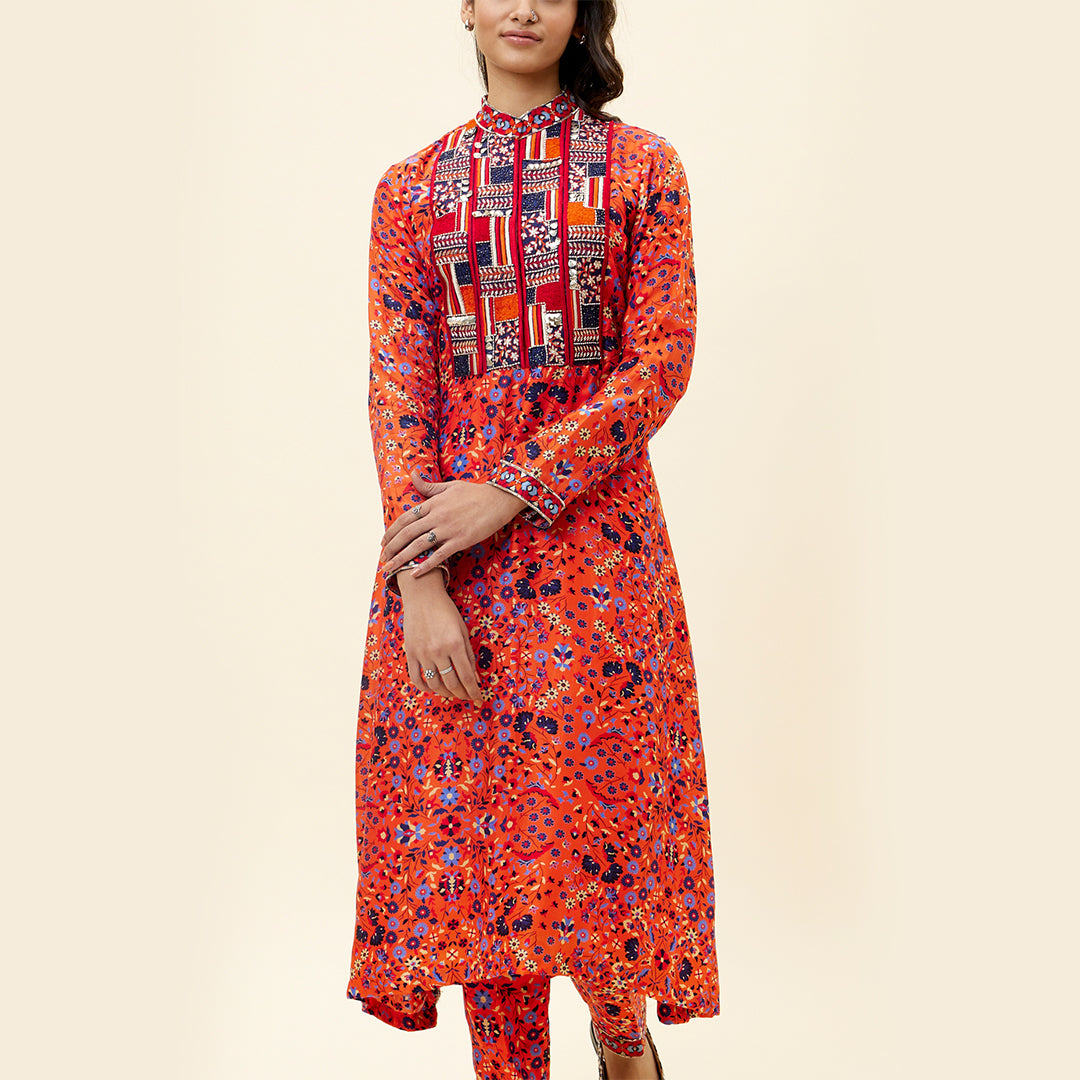 ORANGE JAAL PRINT KURTA TUNIC WITH EMB YOKE AND PANTS