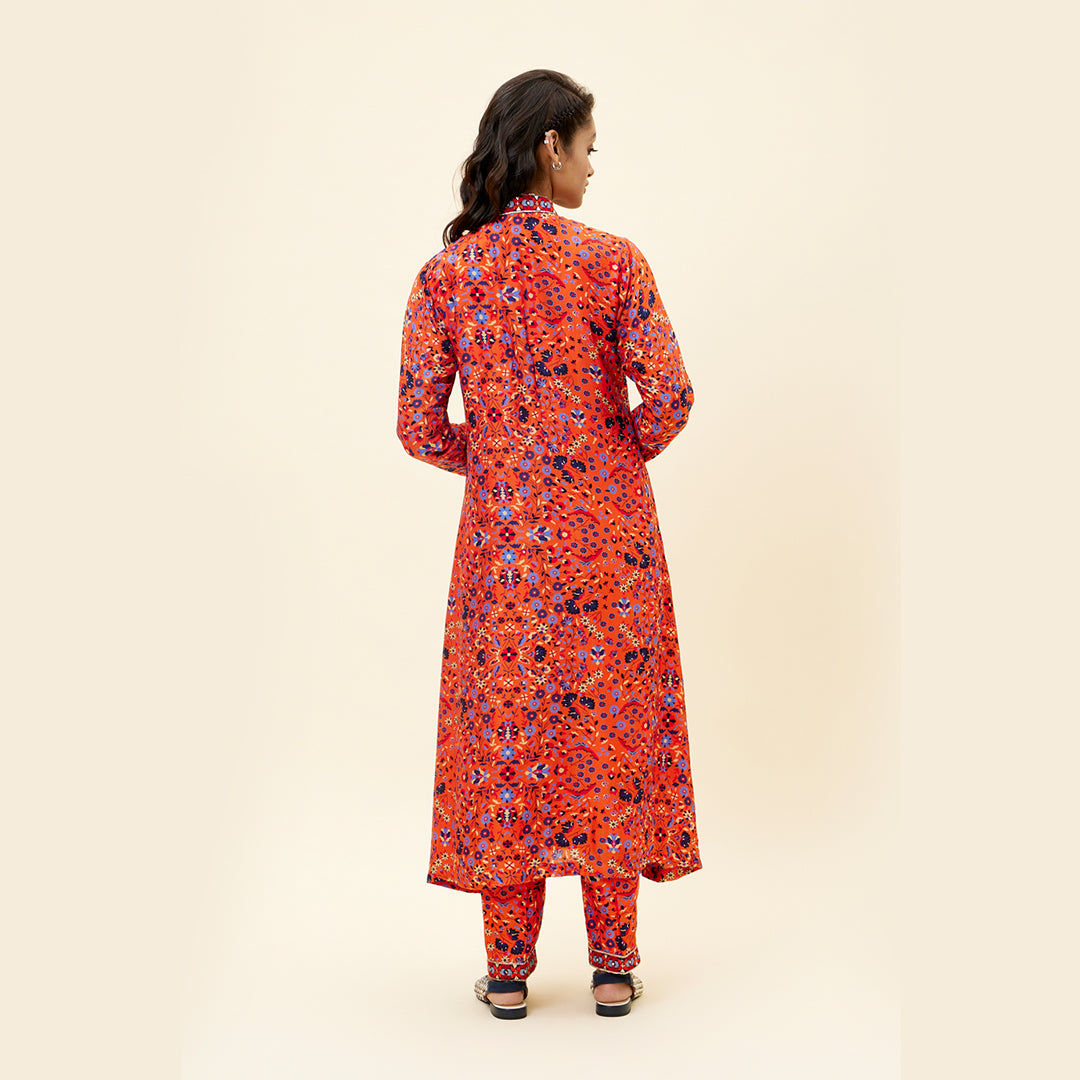 ORANGE JAAL PRINT KURTA TUNIC WITH EMB YOKE AND PANTS