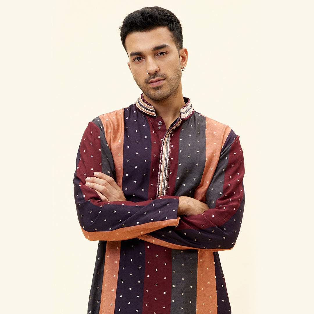 CHANDERI SILK STRIPES PRINT KURTA SET