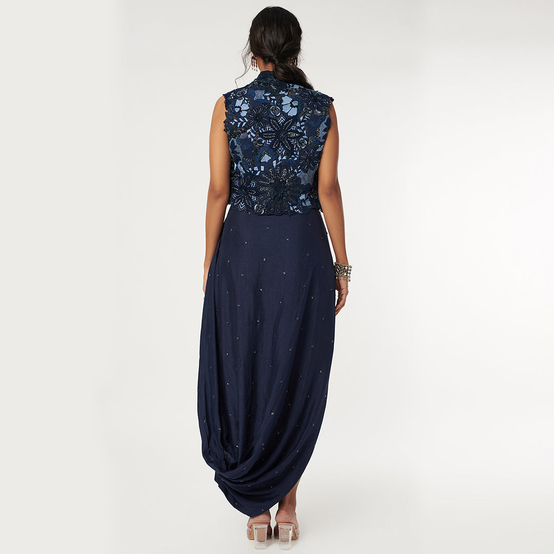 Deep blue heavy embroidered organza jacket with embroidered bustier and highlited drape skirt