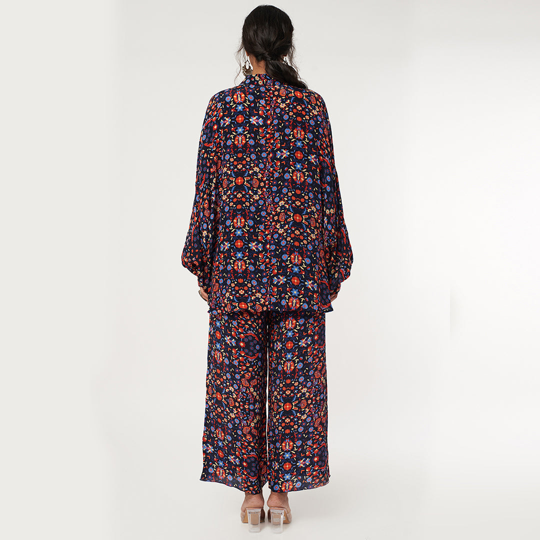 BLUE JAAL PRINT OVERSIZED SHIRT WITH PANTS (CO-ORD SET)