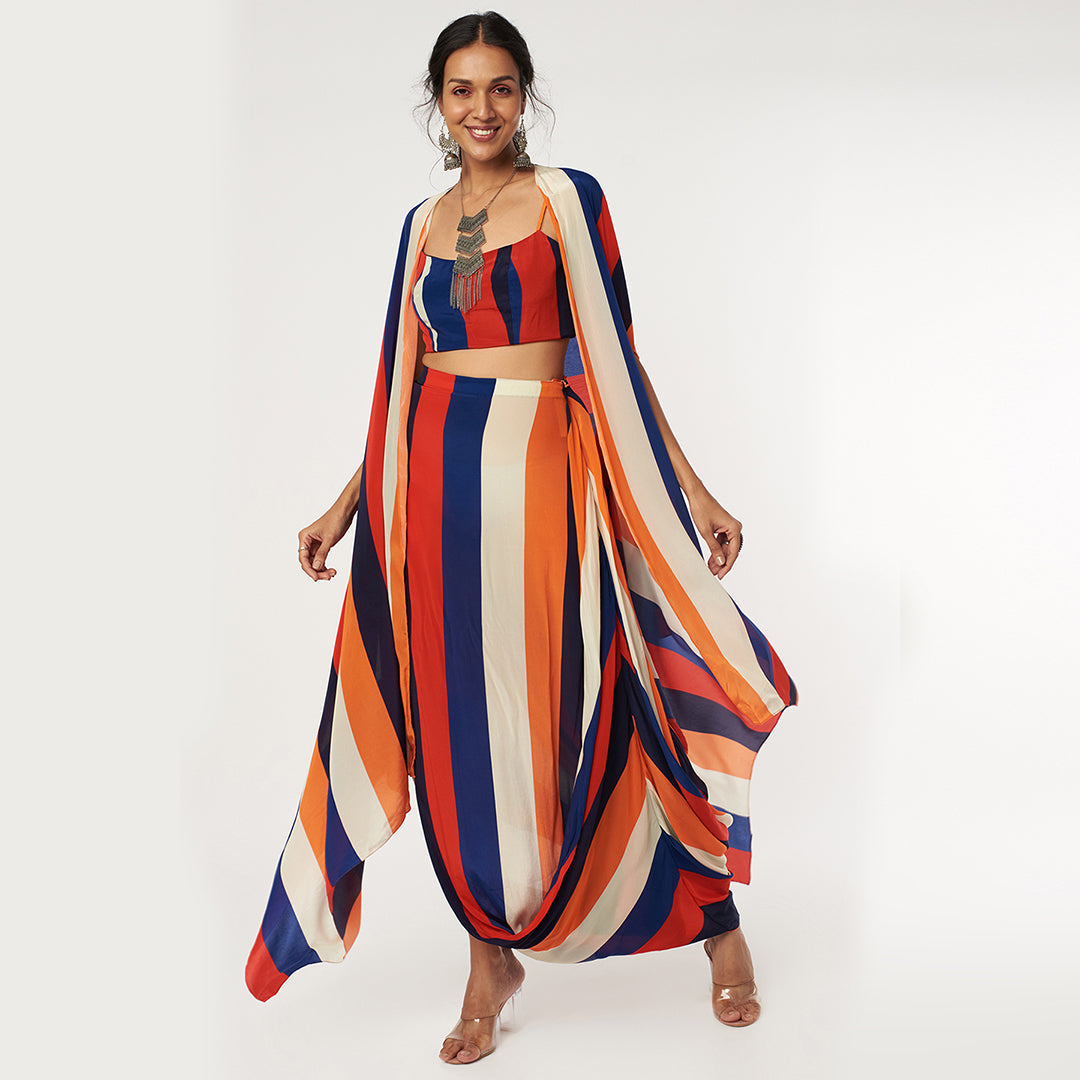 RASA STRIPES PRINT DRAPE SKIRT WITH ARYA BUSTIER AND CAPE