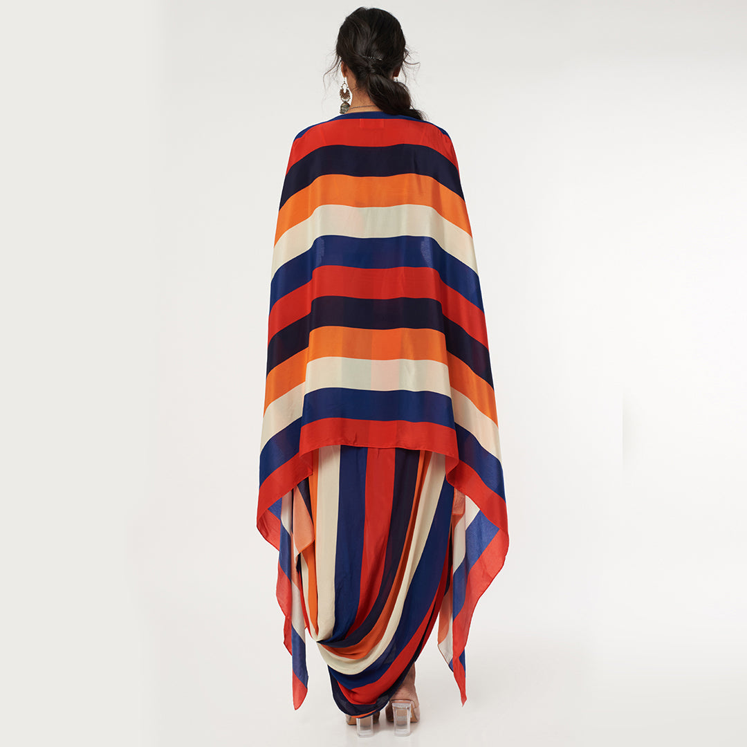 RASA STRIPES PRINT DRAPE SKIRT WITH ARYA BUSTIER AND CAPE