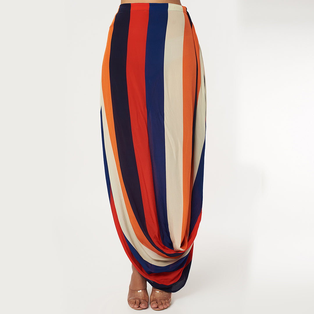 RASA STRIPES PRINT DRAPE SKIRT WITH ARYA BUSTIER AND CAPE