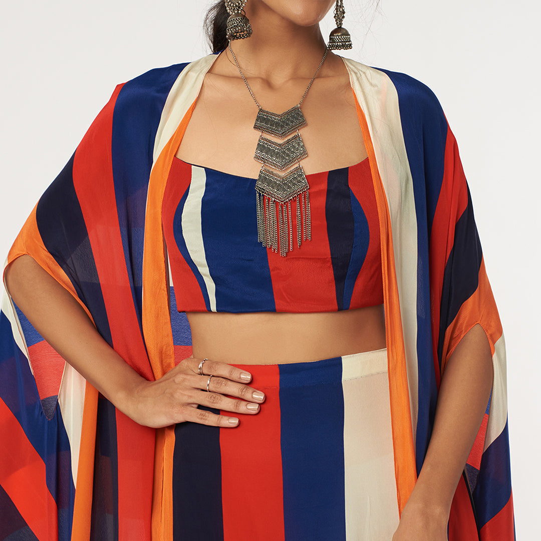 RASA STRIPES PRINT DRAPE SKIRT WITH ARYA BUSTIER AND CAPE