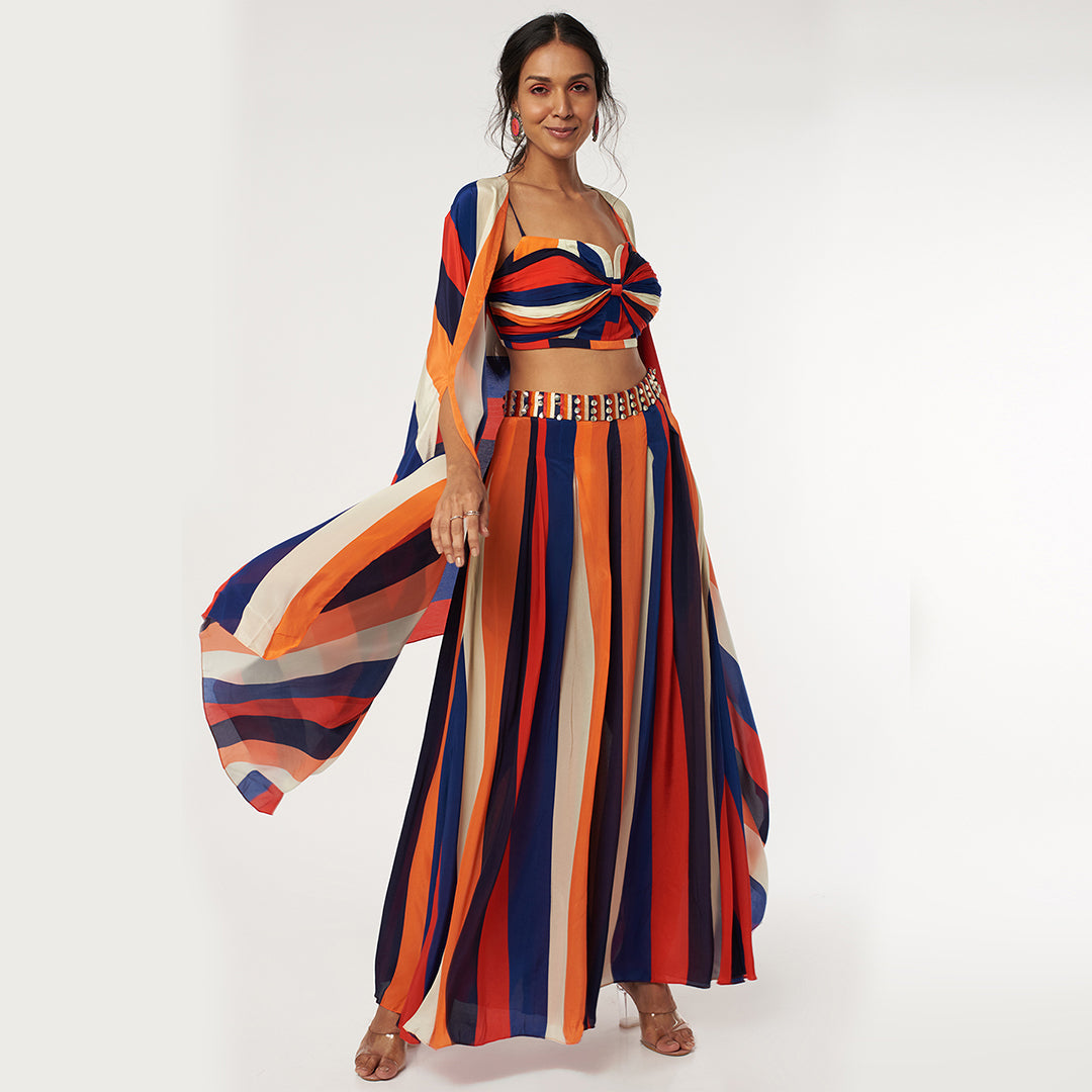 STRIPES PRINT BOX PLEATED PANTS WITH BIKINI BUSTIER AND CAPE