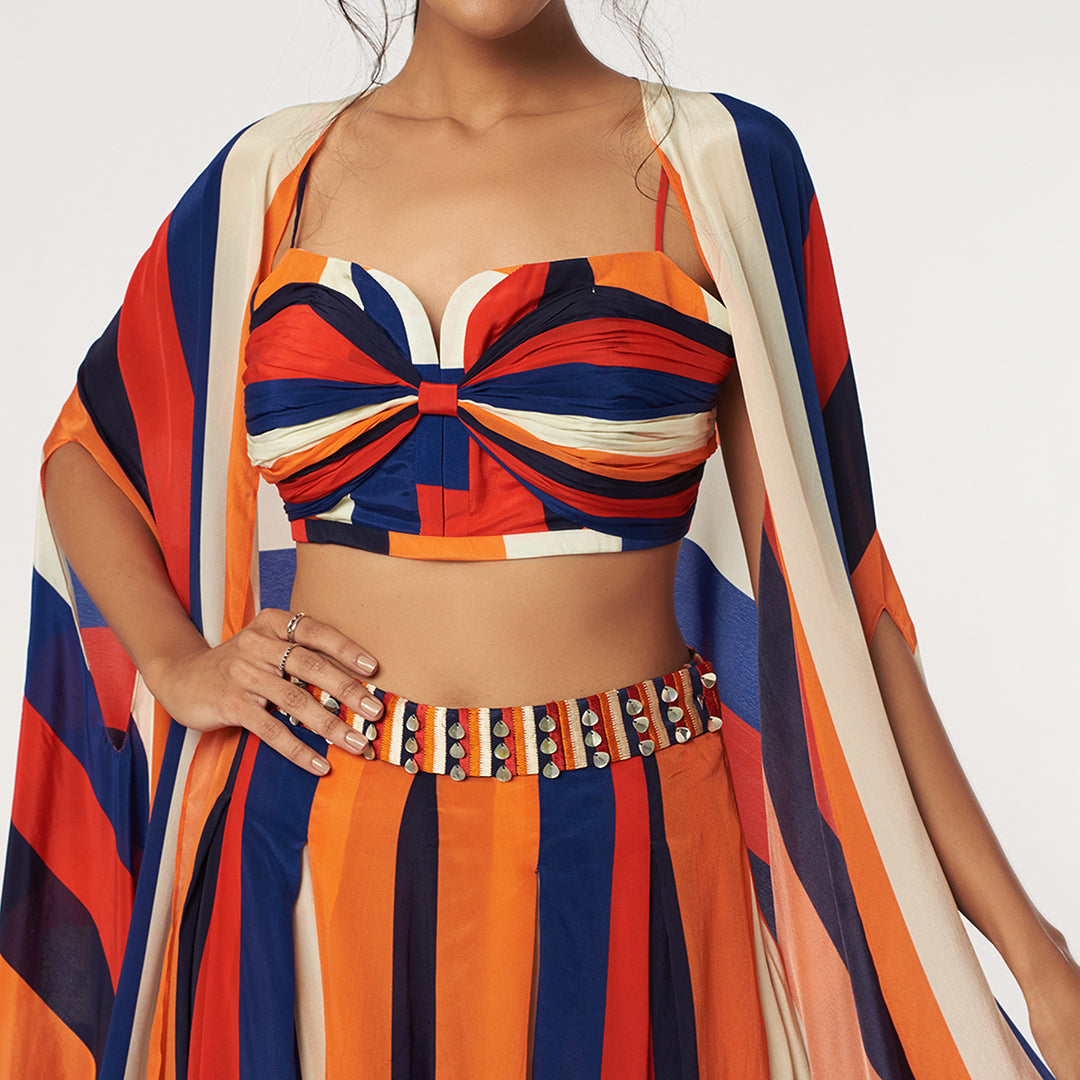 RASA STRIPES PRINT BIKINI BUSTIER WITH PLEATED PANTS AND CAPE