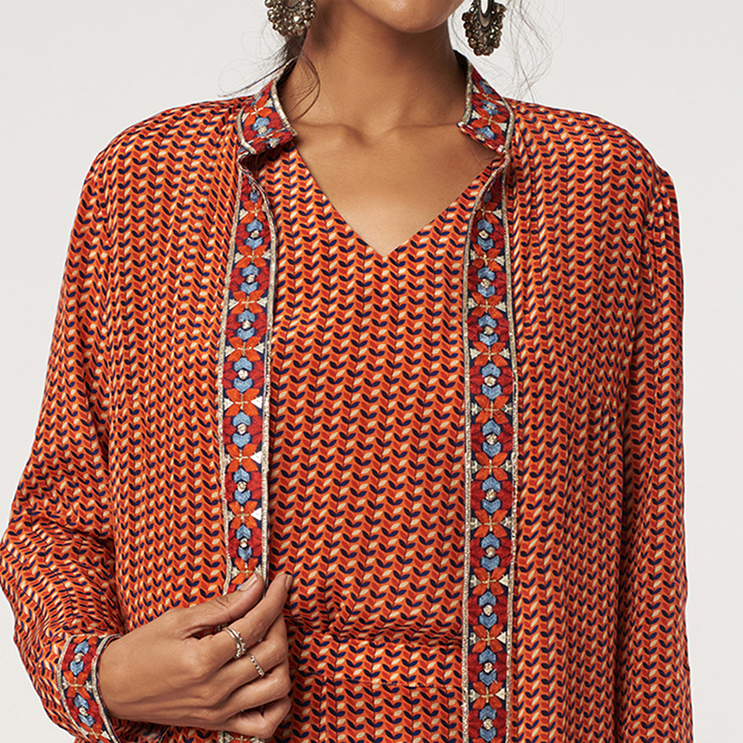 ORANGE LEAF PRINT CAMISOLE TOP WITH PANTS AND LONG JACKET