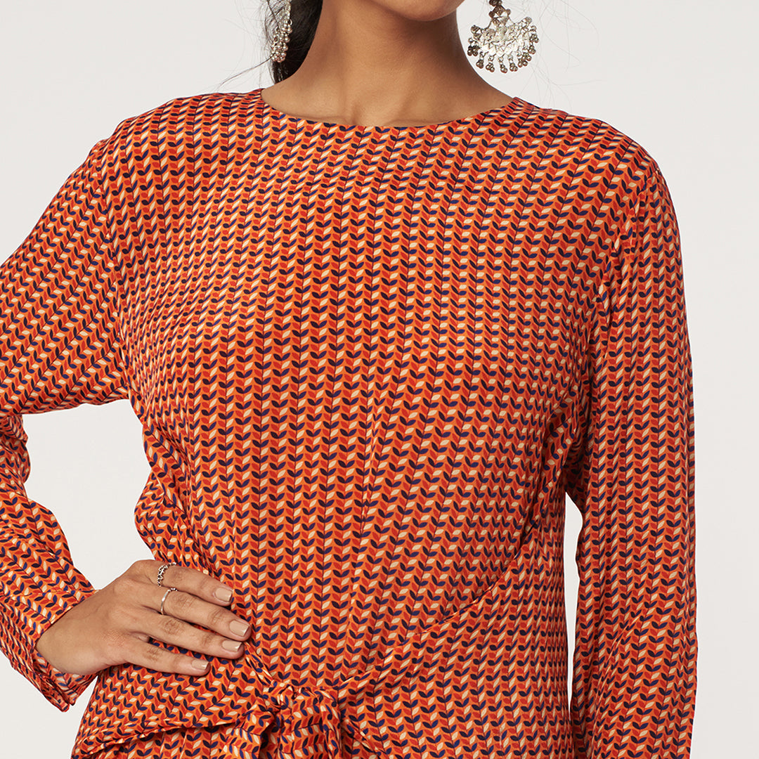 RASA ORANGE LEAF PRINT FRONT TIE UP TUNIC SET