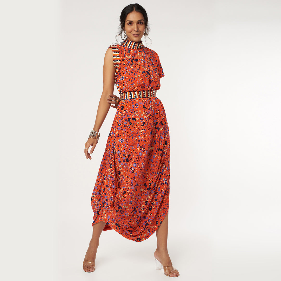 ORANGE JAAL PRINT DRAPE DRESS WITH EMB BELT