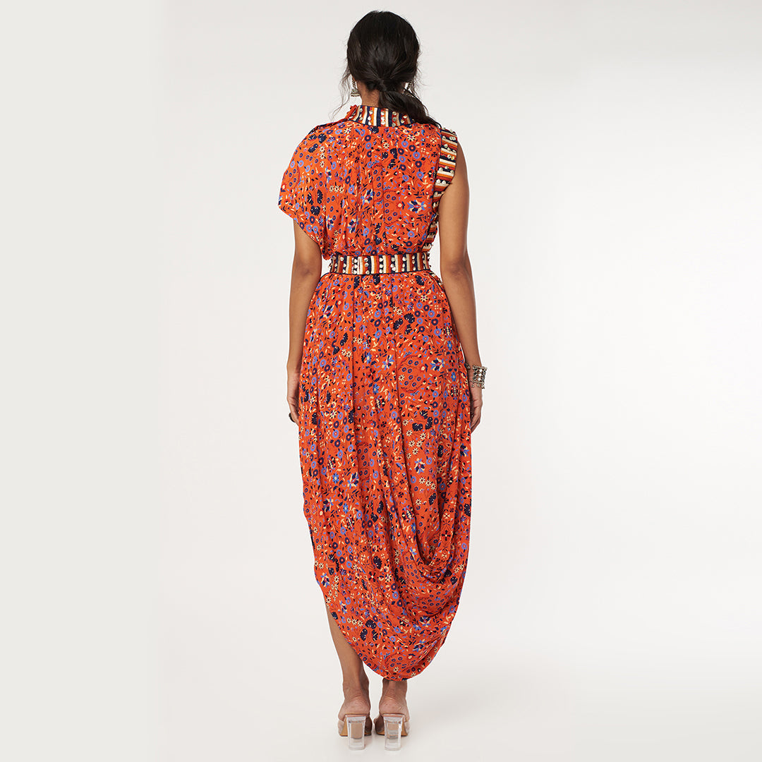 ORANGE JAAL PRINT DRAPE DRESS WITH EMB BELT