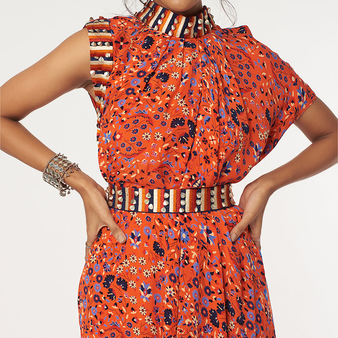 ORANGE JAAL PRINT DRAPE DRESS WITH EMB BELT