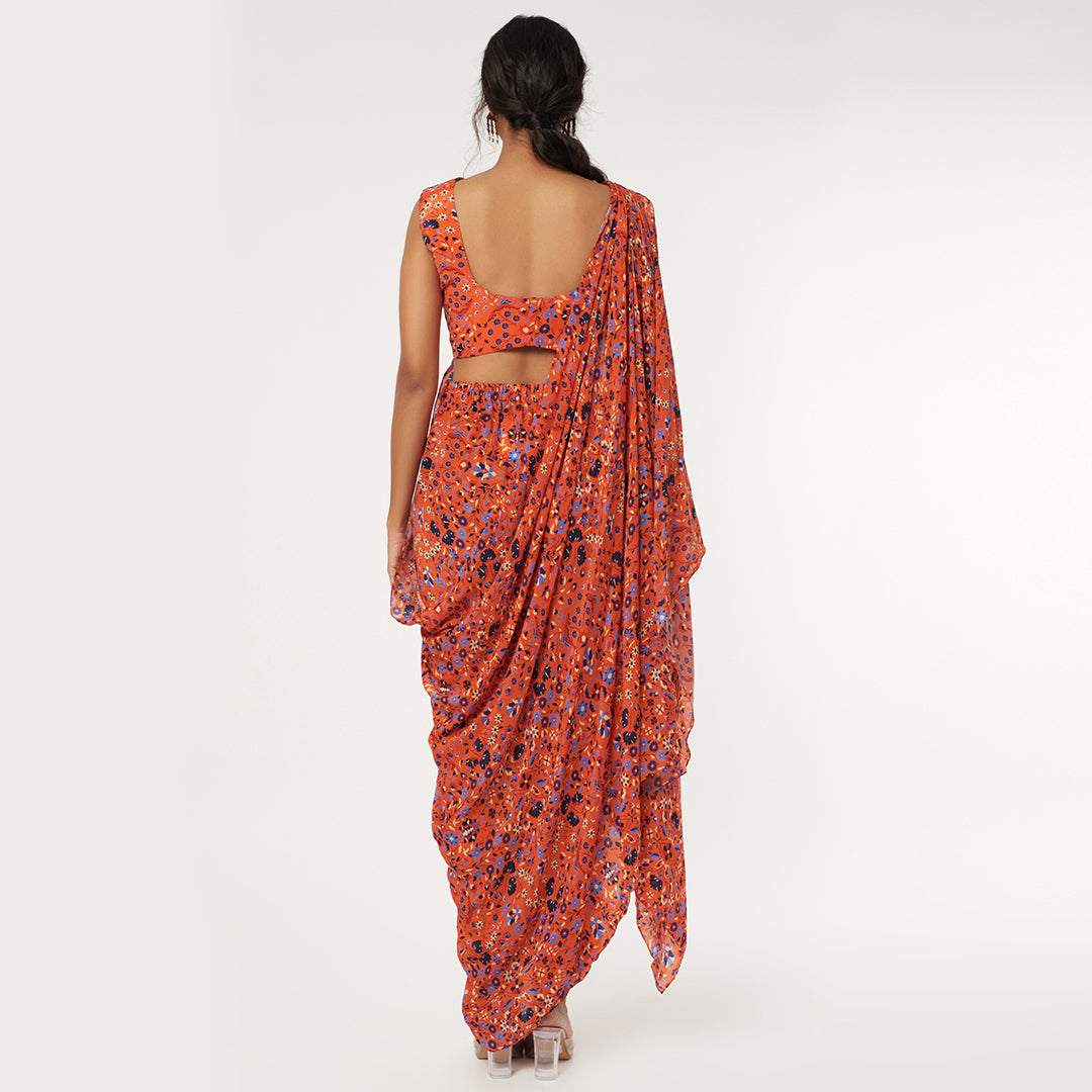 ORANGE JAAL PRINT CROP TOP WITH ATTACHED DRAPE AND PANTS