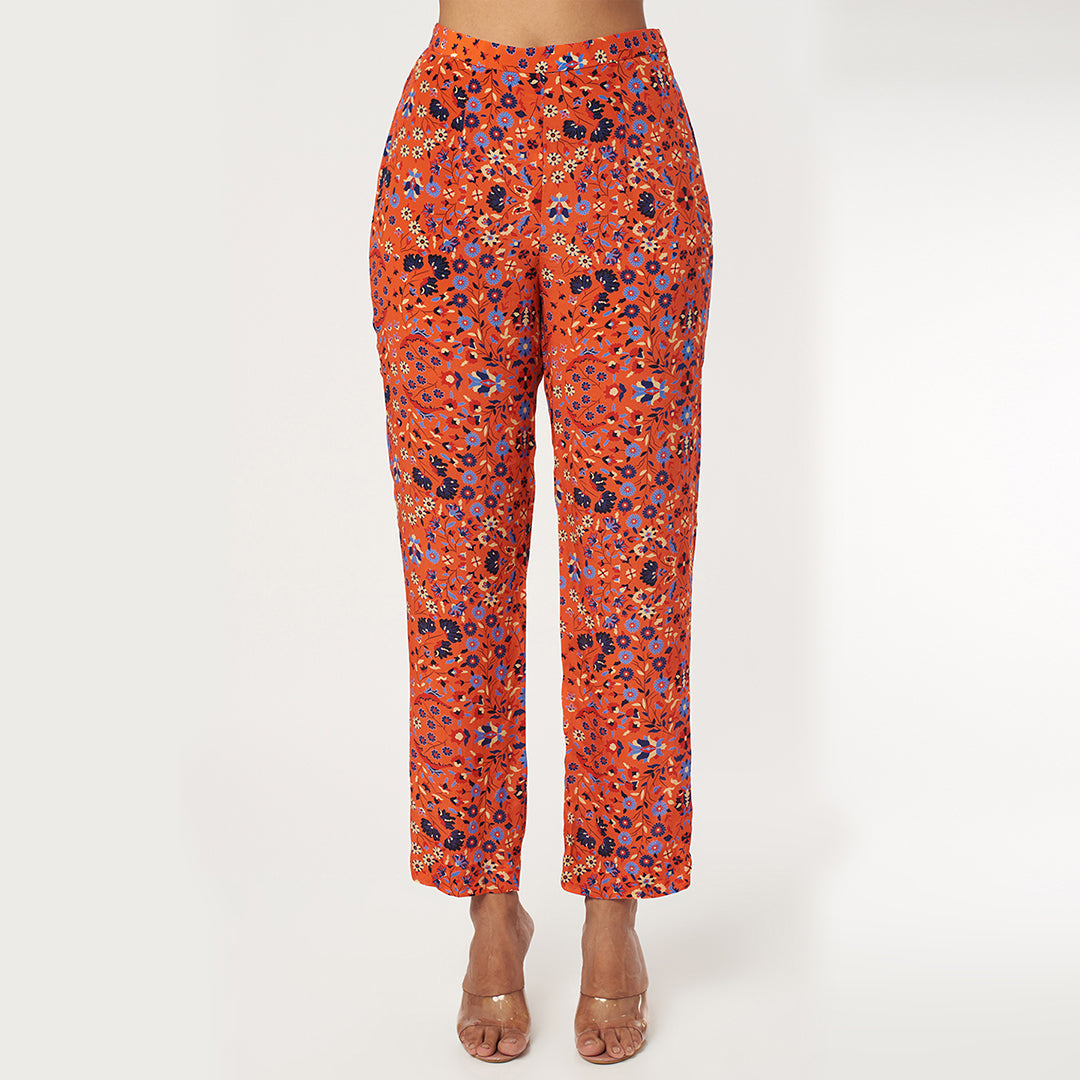 ORANGE JAAL PRINT CROP TOP WITH ATTACHED DRAPE AND PANTS