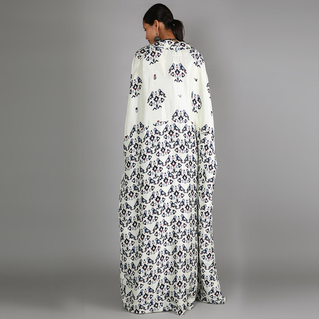 White Jaali Print Bustier And Drape Skirt Paired With White Half Bird Print And Half Geometric Damask Print Cape